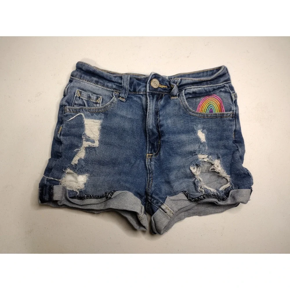 Justice Girls Distressed‎ Denim Rainbow Pocket Shorts Size 12